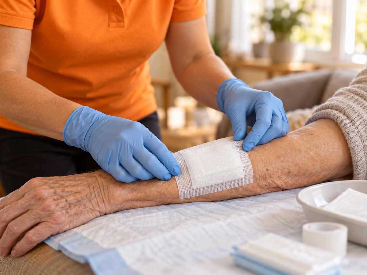 Pflegekraft mit Handschuhen legt einer älteren Person zu Hause einen Verband am Unterarm an