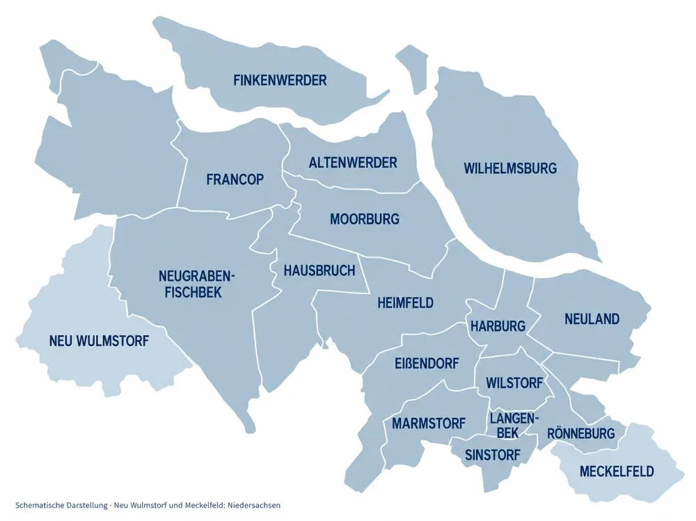 Karte des Einsatzgebiets von OPTIMA: Stadtteile im Bezirk Harburg und der Süderelbe-Region von Finkenwerder bis Rönneburg, dazu Neu Wulmstorf und Meckelfeld