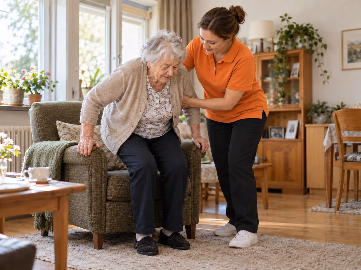 Pflegekraft von OPTIMA hilft einer Seniorin im Wohnzimmer beim Aufstehen aus dem Sessel